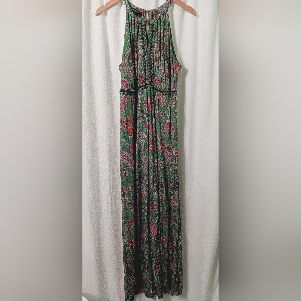 INC International Concept Green Paisley Beaded Halter Maxi Dress Size 0X
